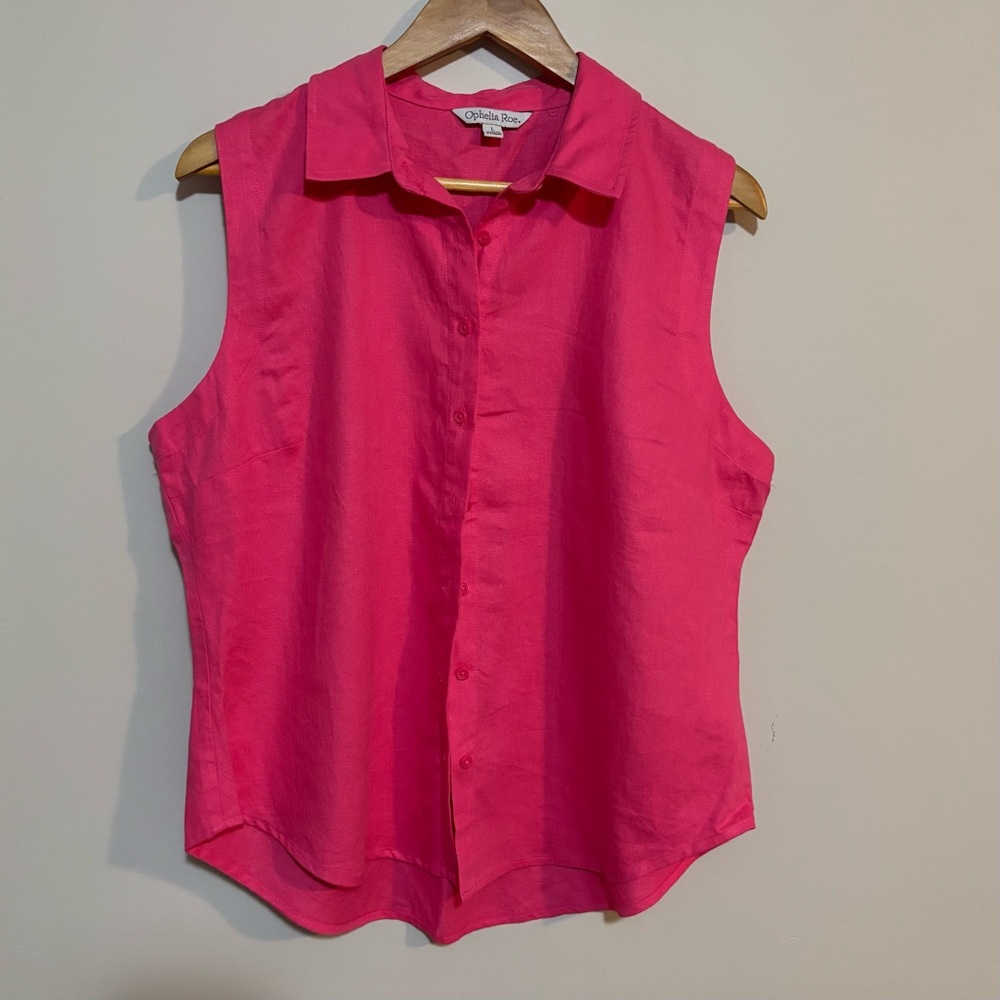 Ophelia Roe Pink Linen Blend Sleeveless Button Up Top with Collar | Womens Sz L